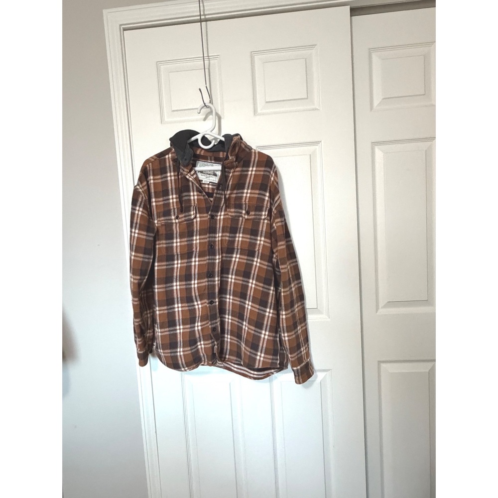 American Eagle Mens Hooded Flannel Shirt Brown Plaid Button Up XL